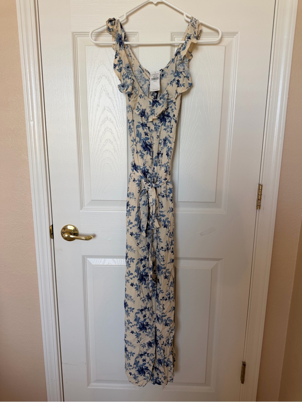 American Eagle Outfitters Cream Jumpsuit with Blue Floral Print